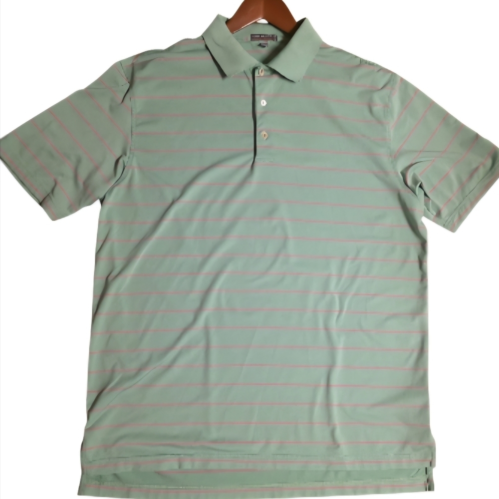 EUC Peter Millar Polo Golf shirt Green w/ Pink Stripes  Men's size L